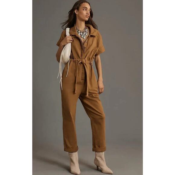 Pilcro X Anthropologie Small Brown Wingsuit Jumpsuit Romper Cap Sleeve Belted - Picture 1 of 13